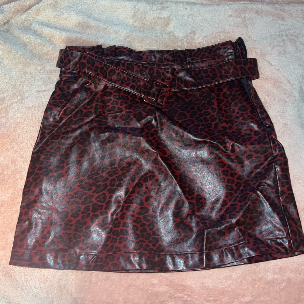 Red and black cheeta print leather skirt with buckle belt